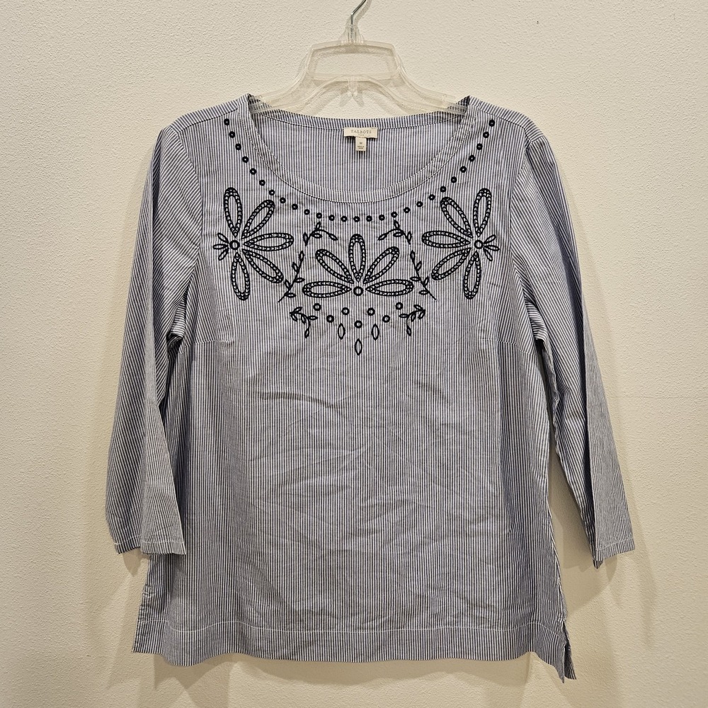 Talbots Pinstriped Embroidered Blue And White Bell Sleeve Women's Medium Top